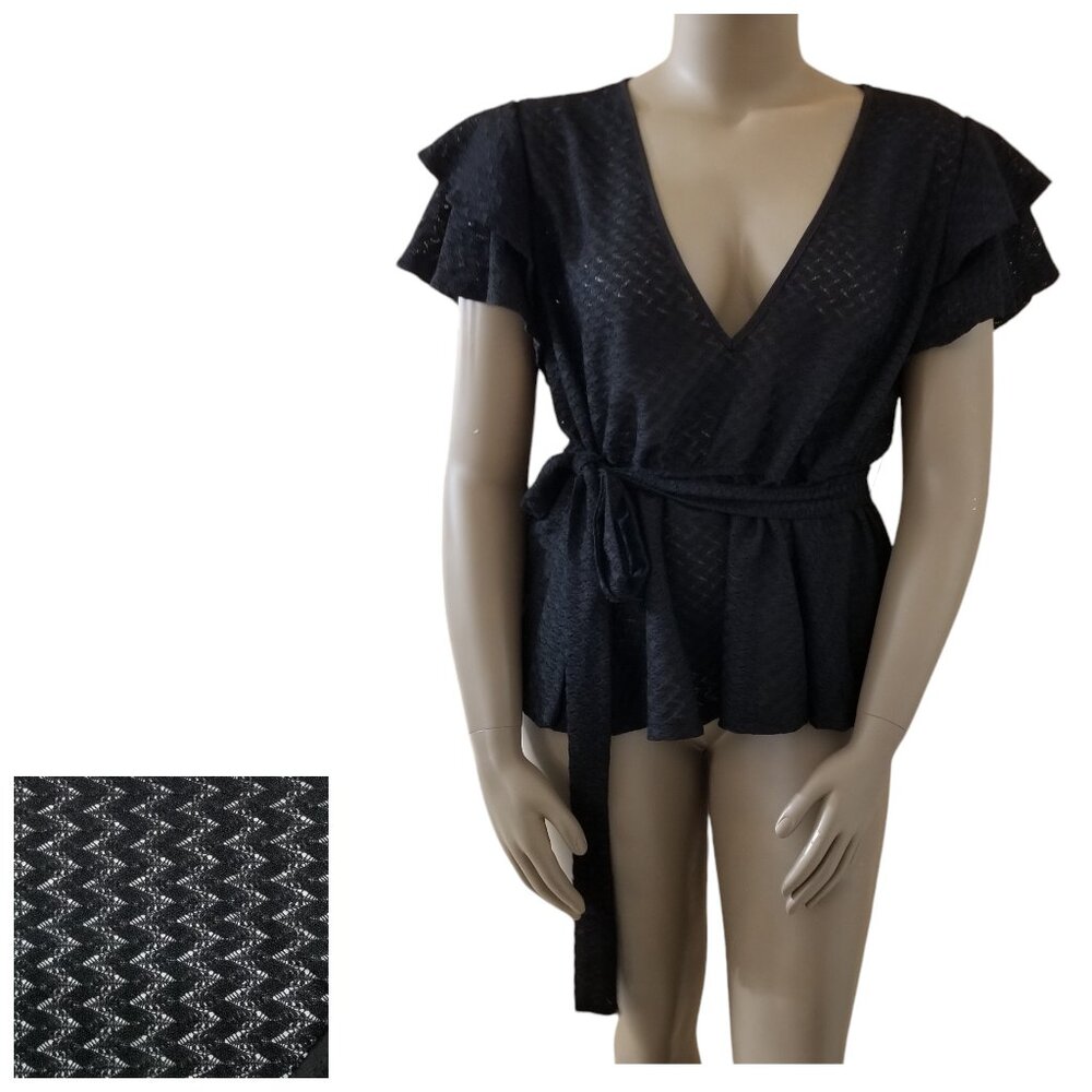 Stretch Open Knit Plunge V-Neck Belted Double Ruffle Sleeve Peplum Top 3XL Black